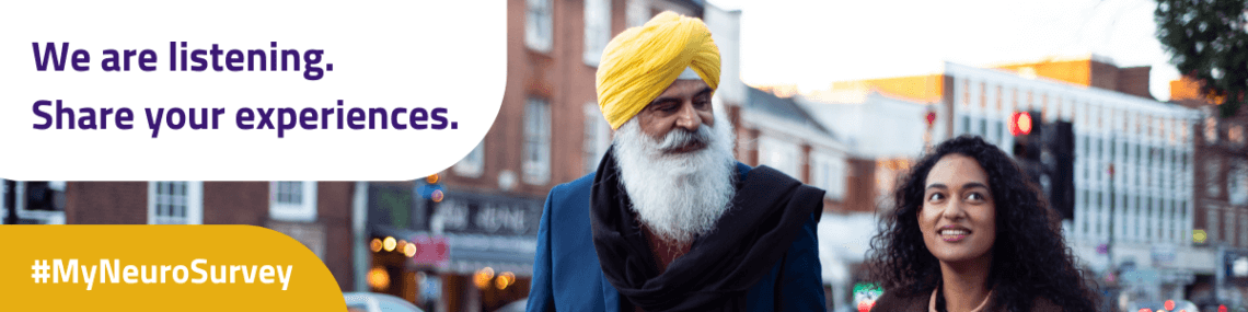 We are listening. Share your experiences. Older sikh man in conversation with his daughter. Both are smiling.